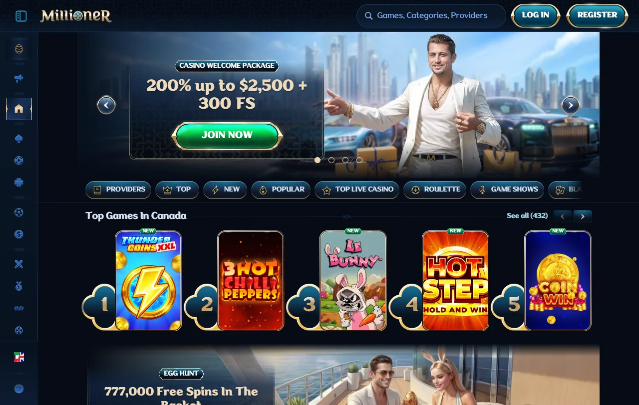 Millioner Casino Startseite mit Überblick über Lobby, Kontobereich und Sportwetten-Modul