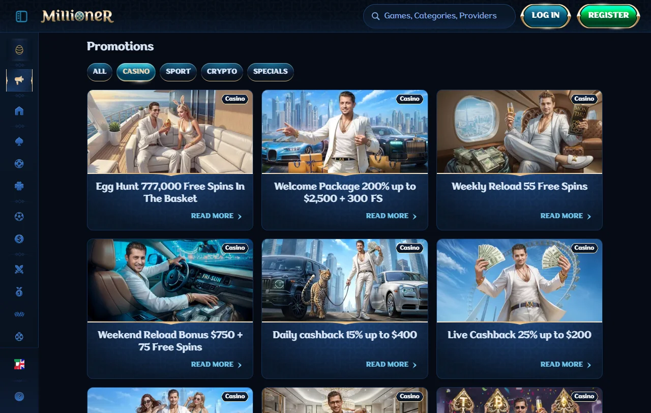 Willkommenspaket von Millioner Casino mit drei Einzahlungsstufen und Free Spins in CHF