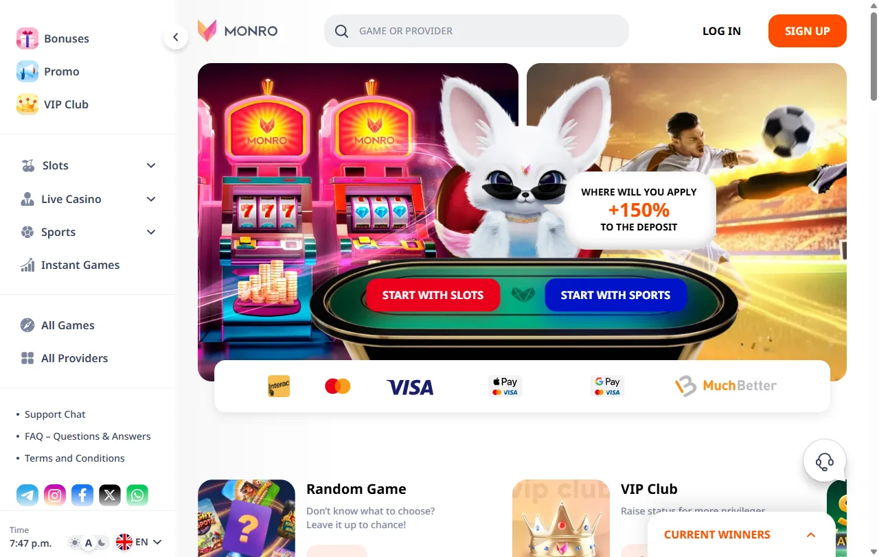 Monro Casino Startseite mit Lobby, Sportwetten und Kontozugang im Überblick