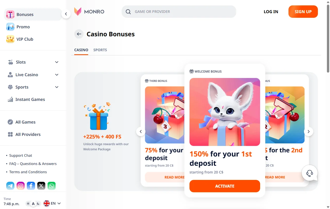 Bonusseite von Monro Casino mit Willkommenspaket, Cashback und Umsatzbedingungen