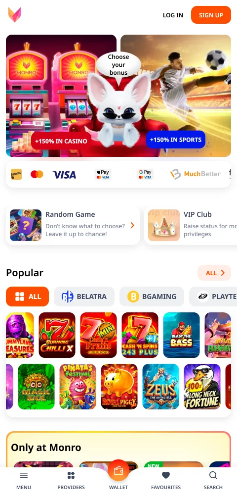 Mobile Lobby von Monro Casino im Browser auf dem Smartphone