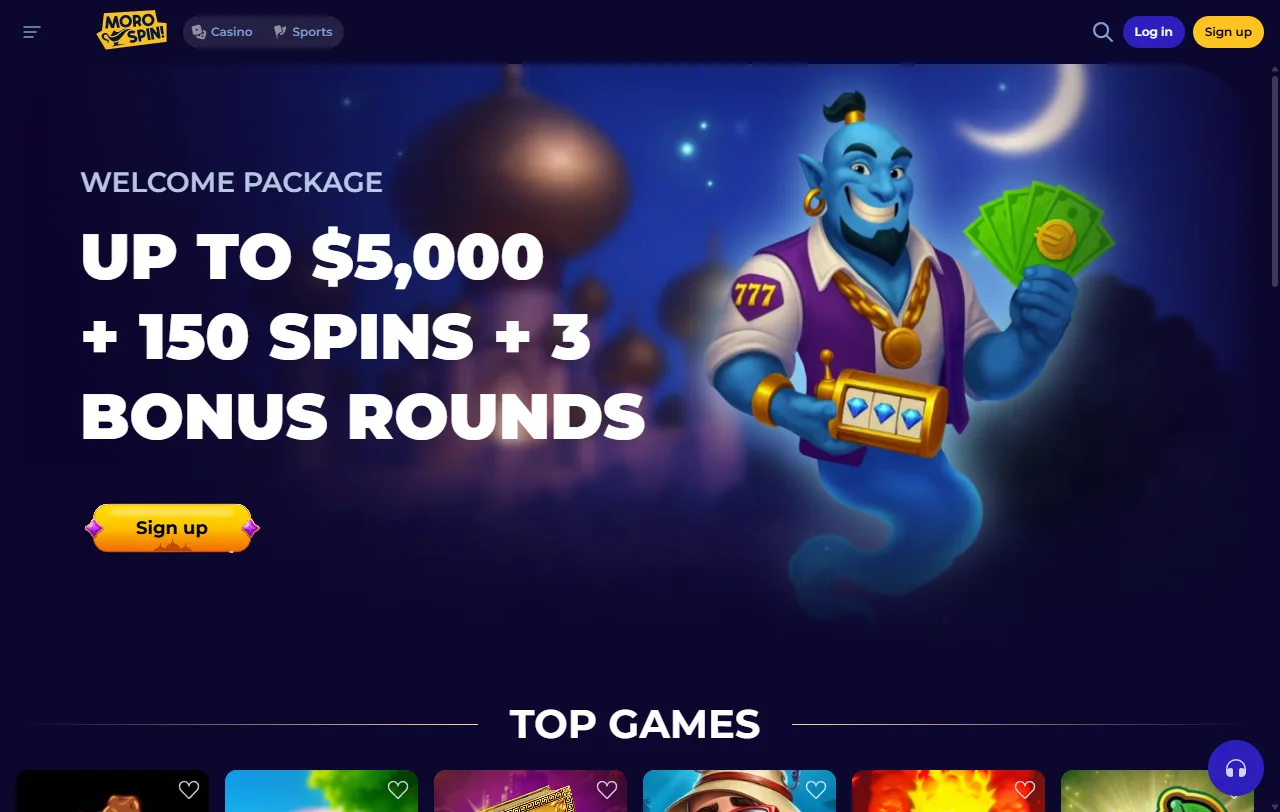 Startseite von Morospin Casino mit Lobby, Sportsbook und Kontobereich im Überblick