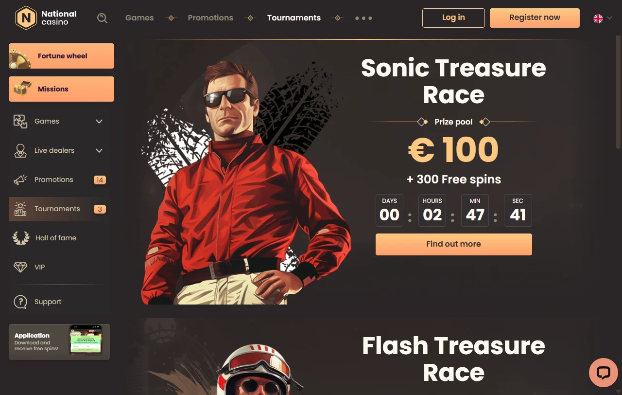 Startseite von National Casino mit Lobby, Aktionen und Kontobereich am Desktop