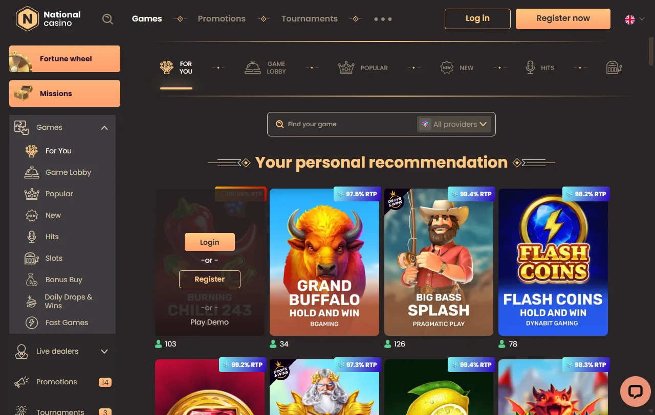 Spielauswahl von National Casino mit Slots, Live-Tischen und Anbieterfilter