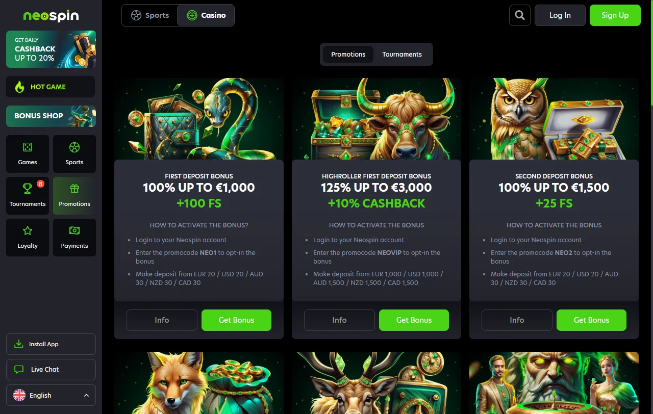 Willkommensbonus und tägliches Cashback von Neospin Casino mit den Umsatzbedingungen