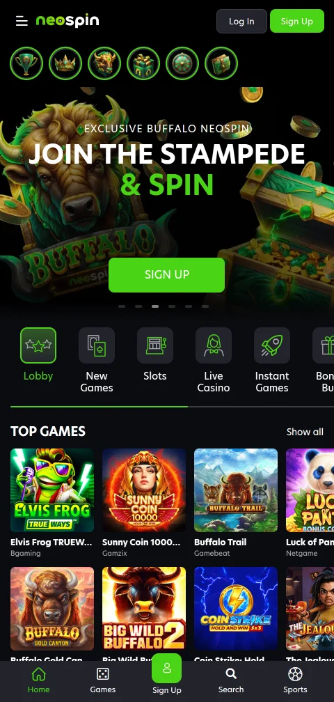 Neospin Casino auf dem Smartphone mit mobiler Spielauswahl und Kontostand