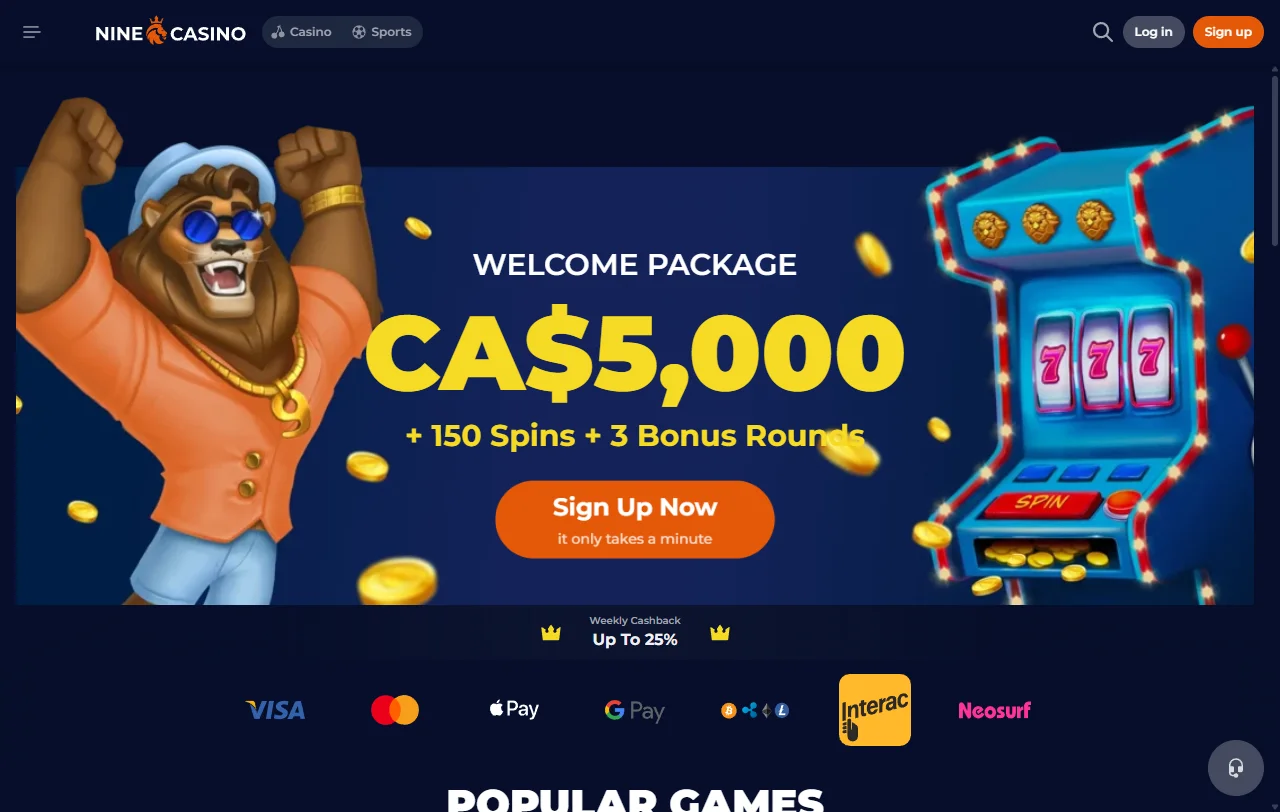 Nine Casino Startseite mit Überblick über Lobby, Sportwetten und Kontobereich