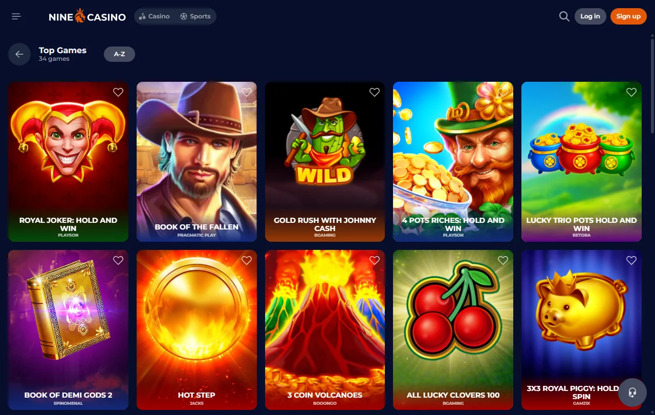 Nine Casino Spielauswahl mit Slots von Pragmatic Play und Anbieterfilter