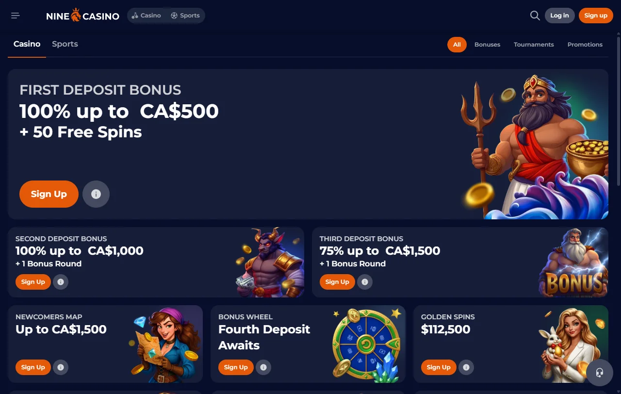 Nine Casino Willkommenspaket mit drei Einzahlungsstufen und 250 Free Spins