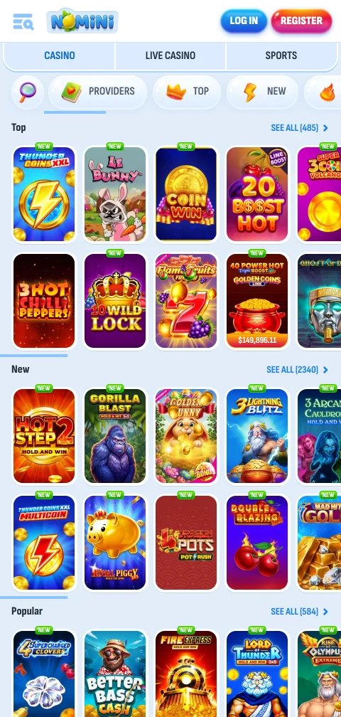 Lizenzangaben und SSL-Verschlüsselung von Nomini Casino in der Fusszeile