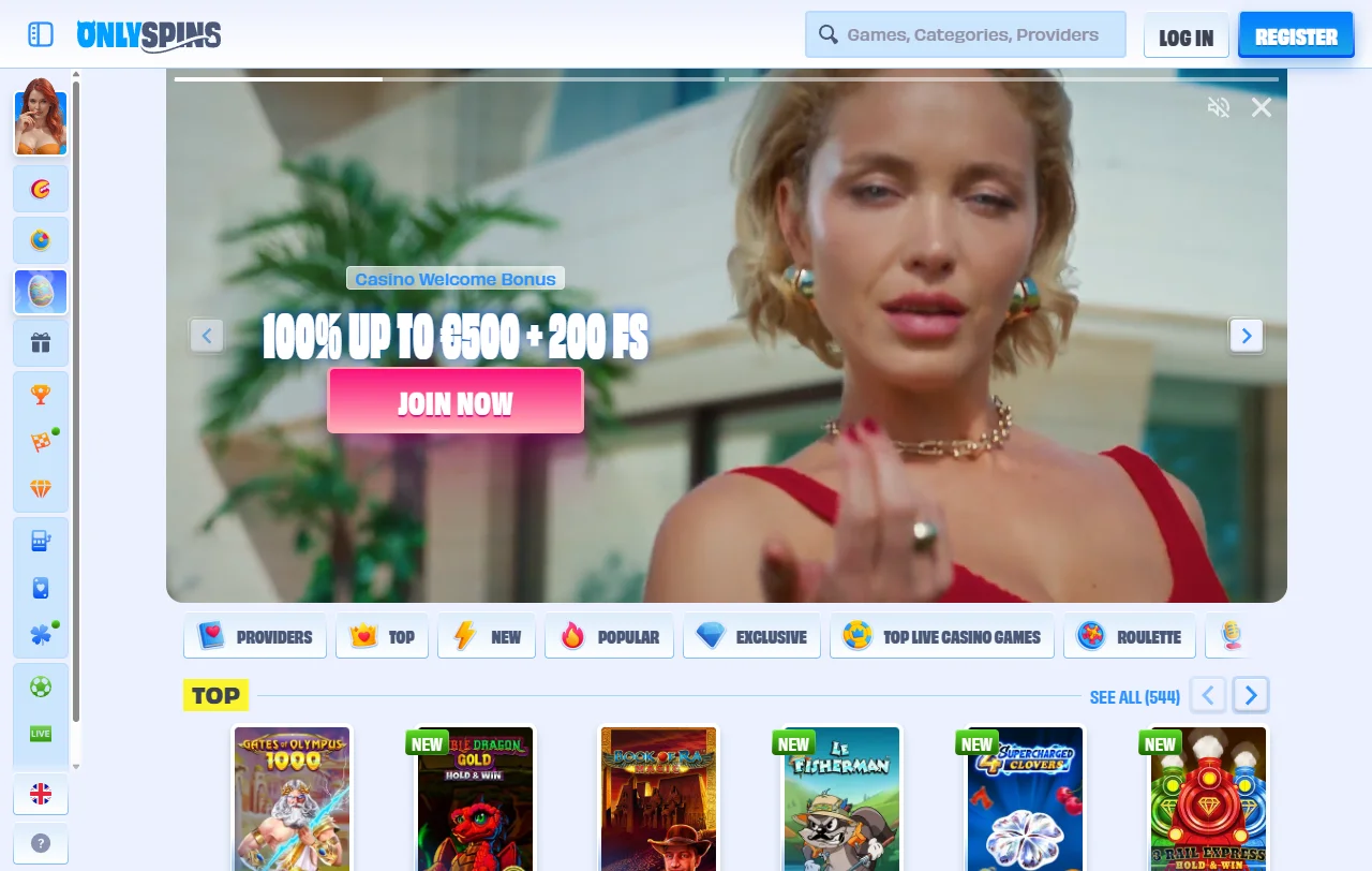 OnlySpins Startseite mit Überblick über das geschlossene Offshore-Angebot