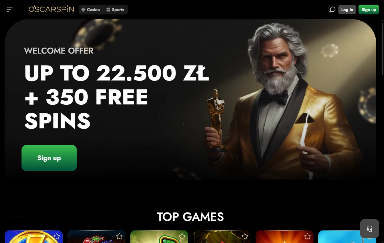 Startseite von Oscarspin Casino mit Willkommenspaket und Lizenzangaben aus Curaçao
