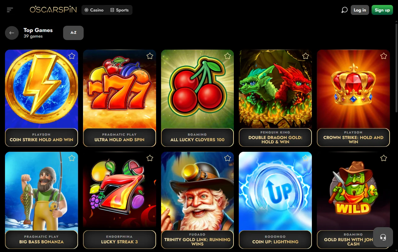 Spiellobby von Oscarspin Casino mit Slots von BGaming und Pragmatic Play