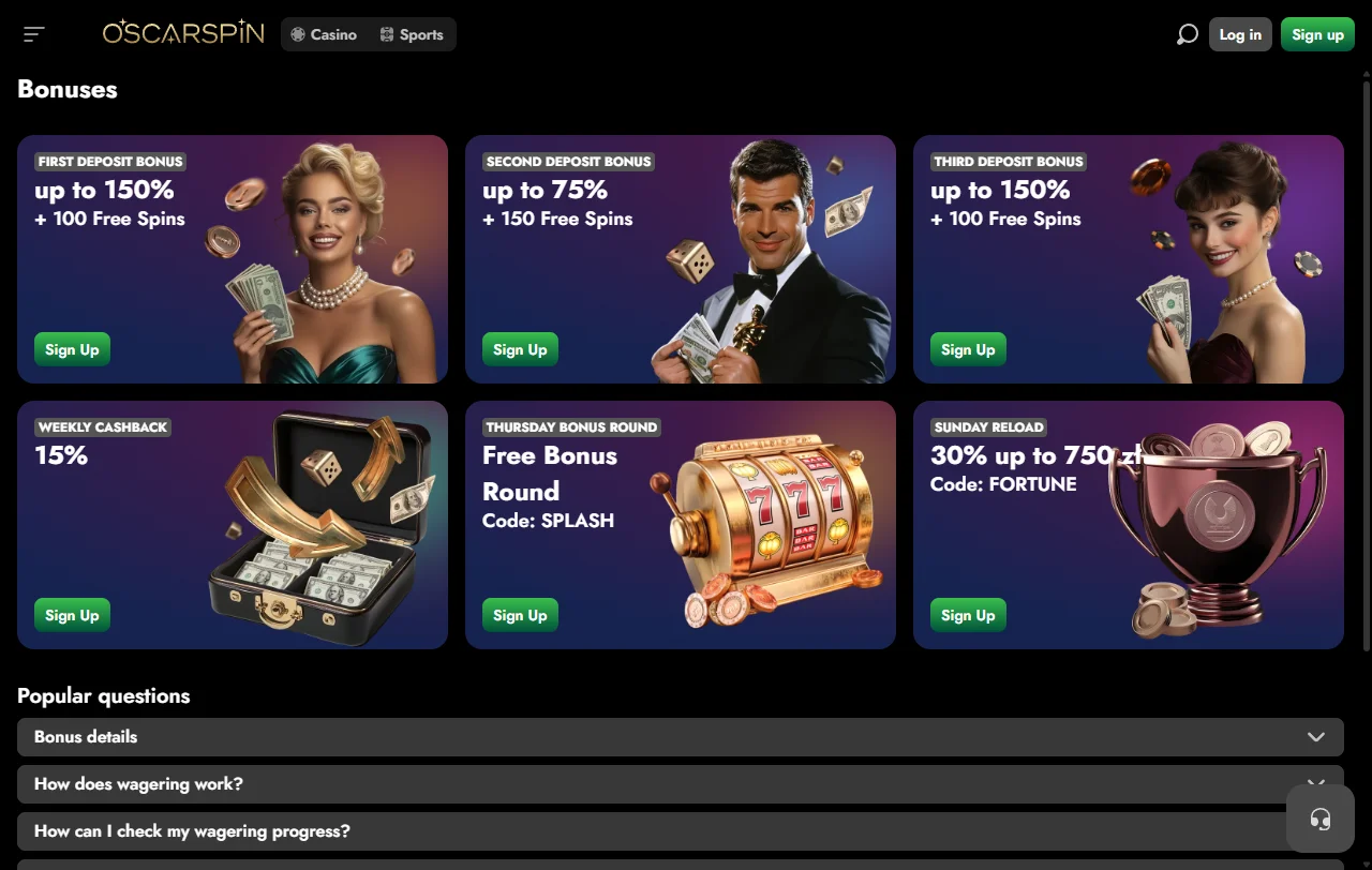 Bonusbereich von Oscarspin Casino mit Willkommenspaket, Cashback und Sonntags-Reload
