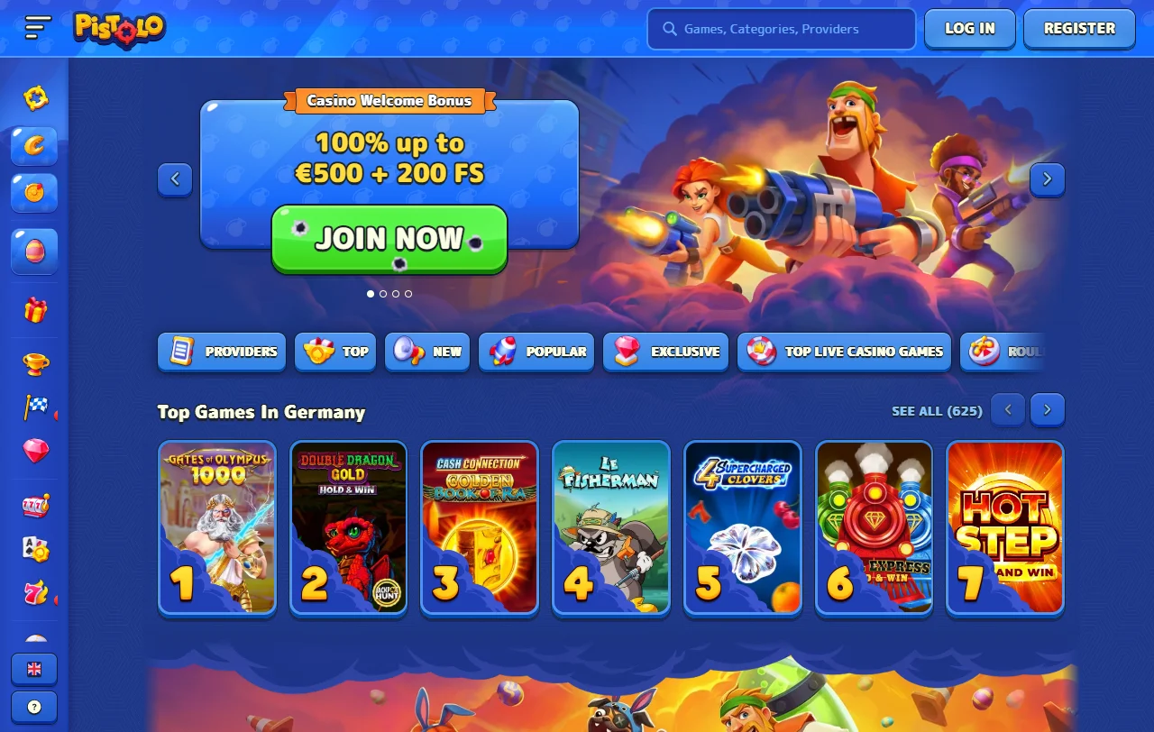 Pistolo Casino Übersicht mit Lobby, Sportwetten und Go-Hunt-Bereich für Spieler aus der Schweiz