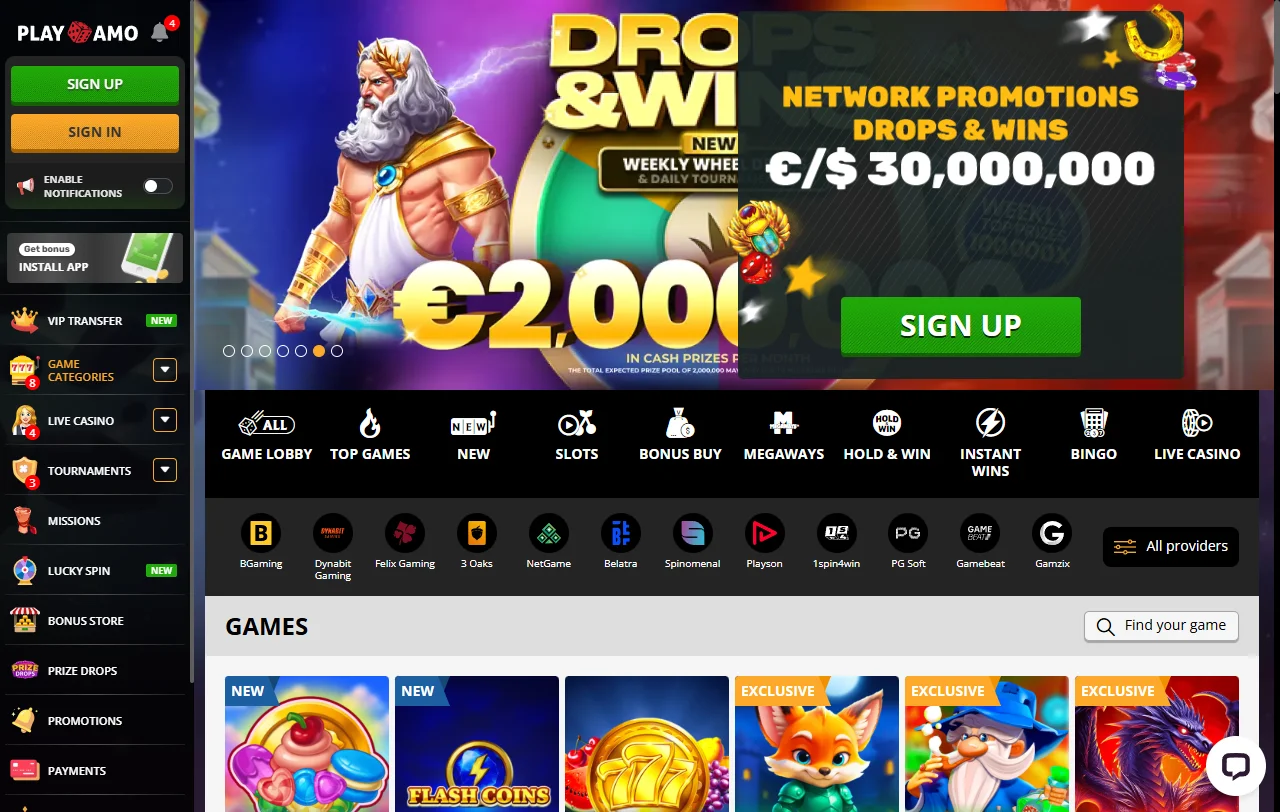 Startseite von PlayAmo Casino mit Spielkategorien und Hinweis auf Willkommensbonus