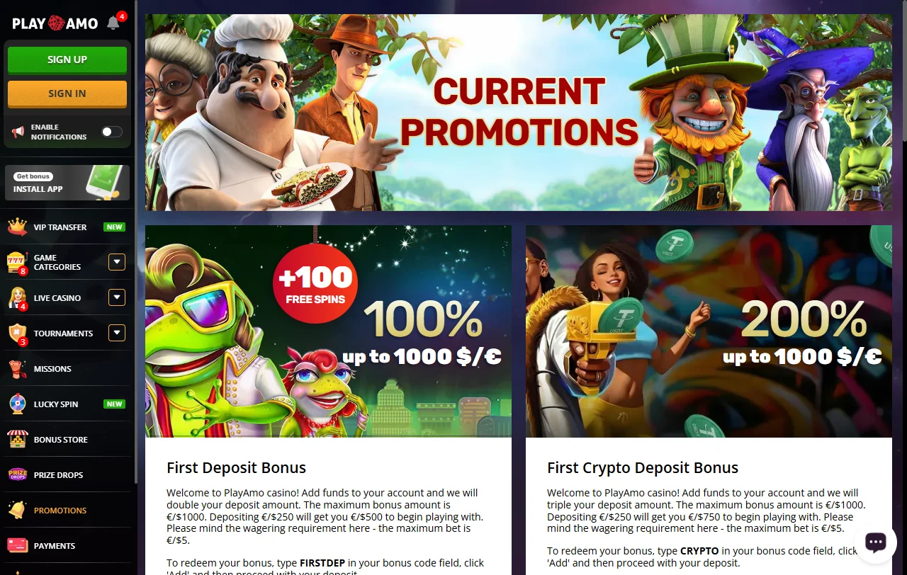 Aktionsseite von PlayAmo Casino mit vierstufigem Willkommenspaket und Bonuscodes
