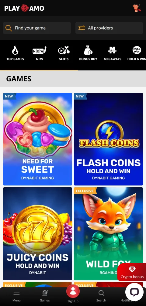 PlayAmo Casino im mobilen Browser mit Zugang zu Kundenkonto und Spielen