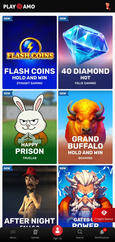 Kasse von PlayAmo Casino mit Kartenzahlung und sechs Kryptowährungen