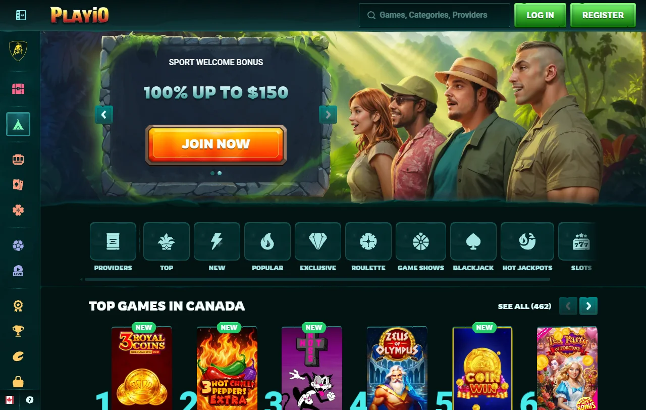Playio Casino Startseite mit Überblick über Casino und Sportwetten