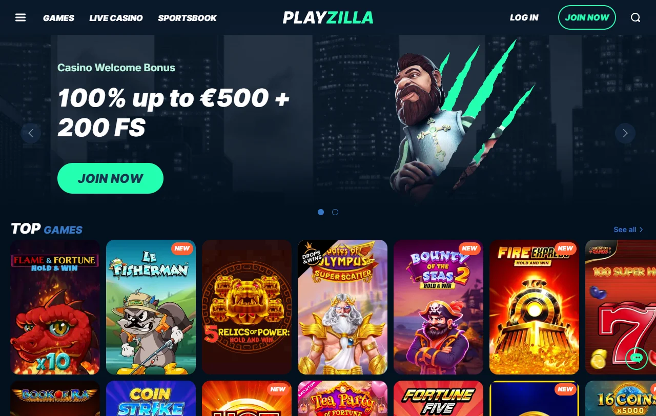 Startseite von Playzilla Casino mit Lobby für Spieler aus der Schweiz