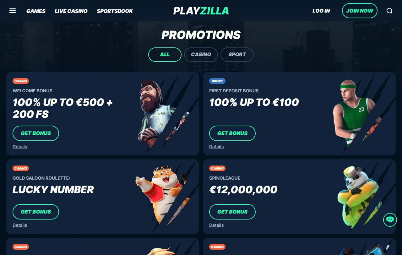 Spielangebot von Playzilla Casino mit Slots und exklusivem Gold Saloon