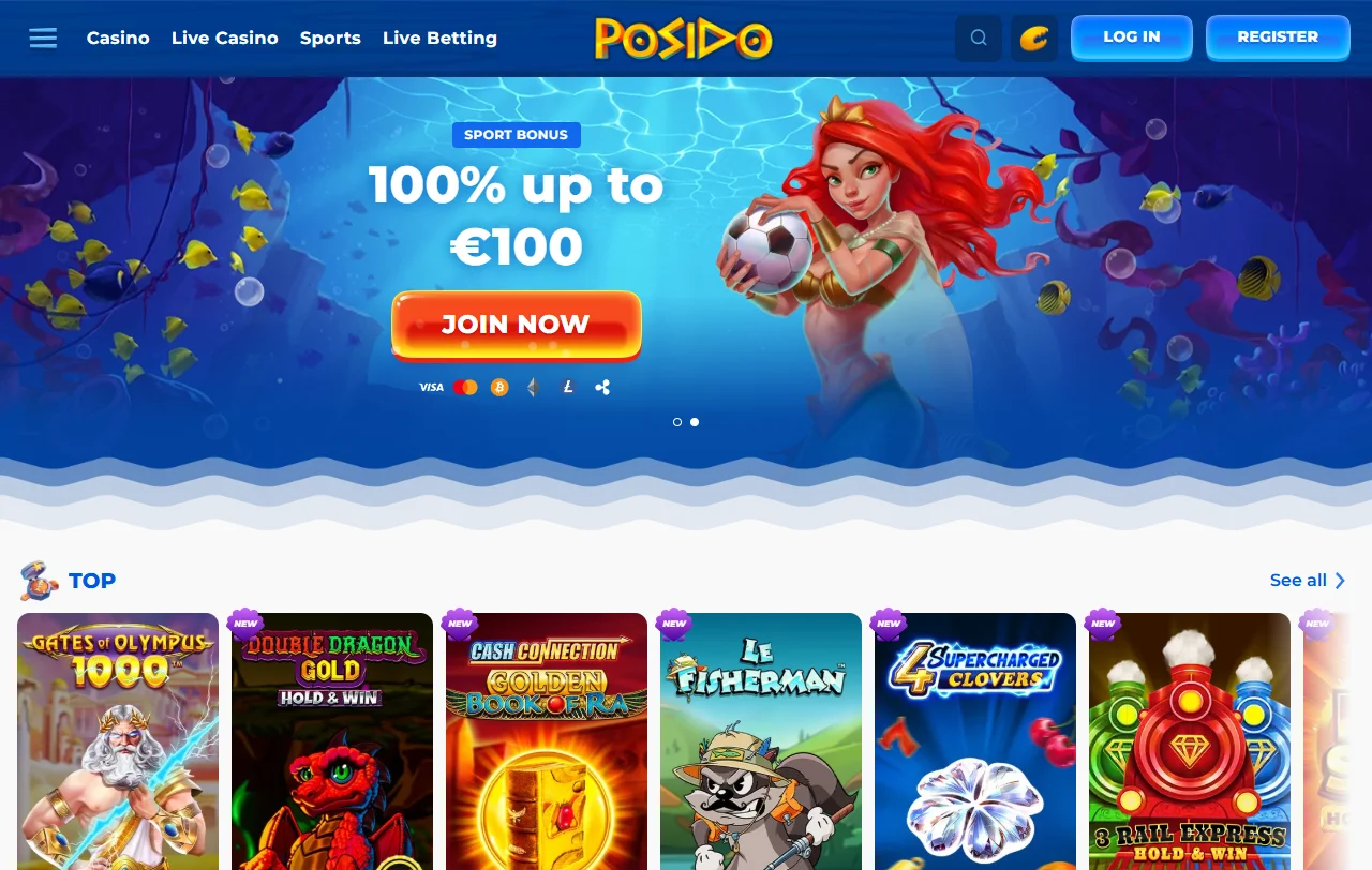 Posido Casino Startseite mit Casino, Live Casino und Sportwetten auf einem Konto