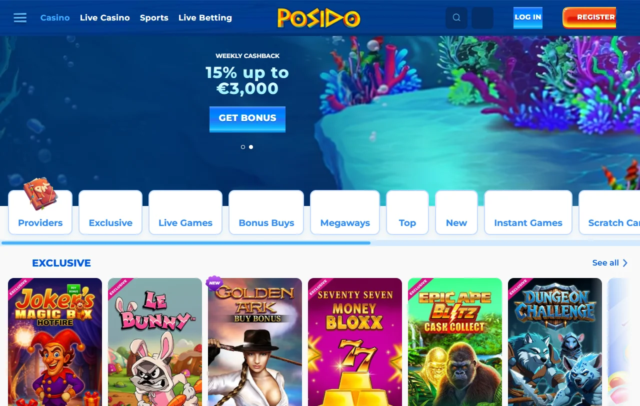 Spielkatalog von Posido Casino mit Slots von Pragmatic Play und Play