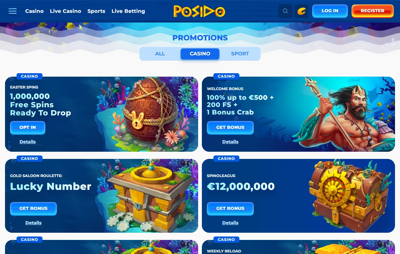 Willkommensbonus von Posido Casino mit 100 % bis EUR 500 und 200 Free Spins
