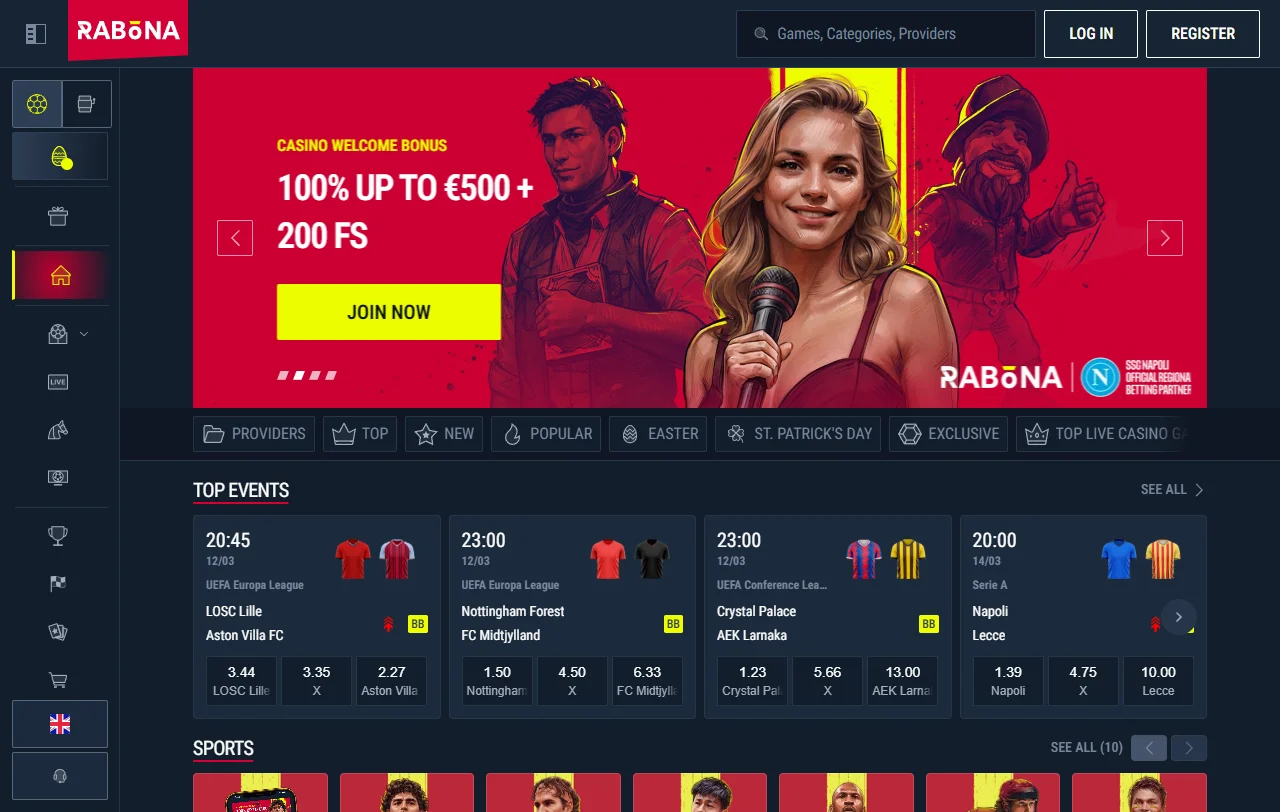 Rabona Casino Startseite mit Casino- und Sportwettenbereich im Überblick