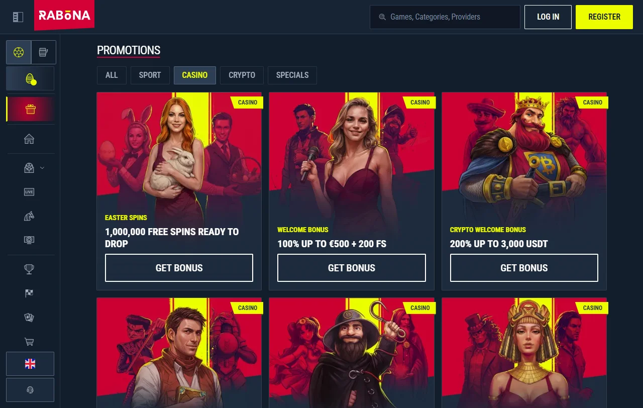 Rabona Casino Spielauswahl mit Slots, Jackpots und Live-Tischen von Evolution