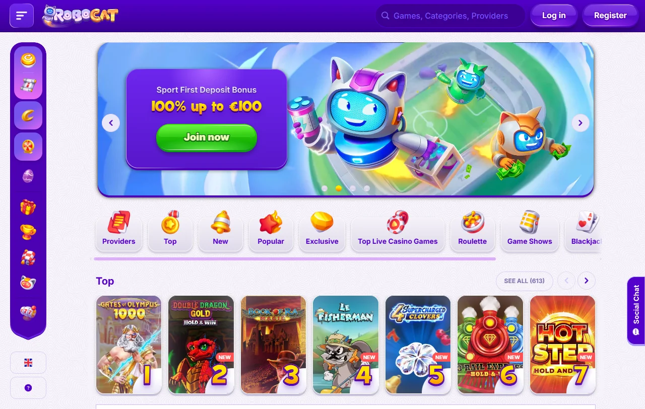 RoboCat Casino Startseite mit Katzen-Design, Casino-Bereich und Sportwetten im Überblick