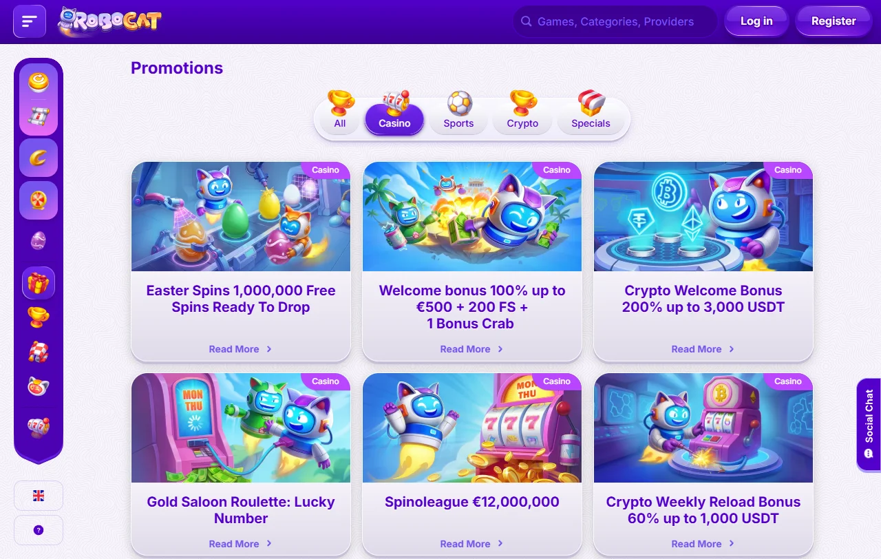 Spielkatalog von RoboCat Casino mit Slots von Pragmatic Play und Hacksaw Gaming