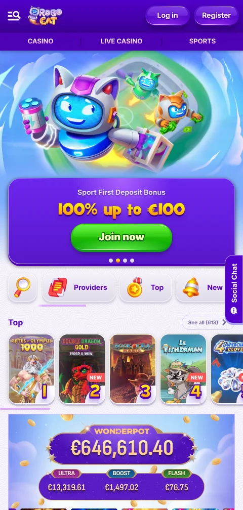 RoboCat Casino im mobilen Browser mit Suchfeld und verkürztem Menü