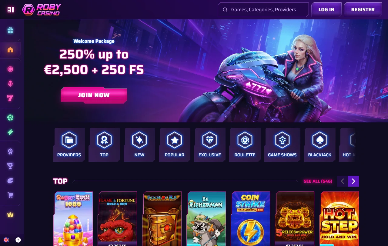 Roby Casino Startseite mit Übersicht über Casino, Live Casino und Sportwetten