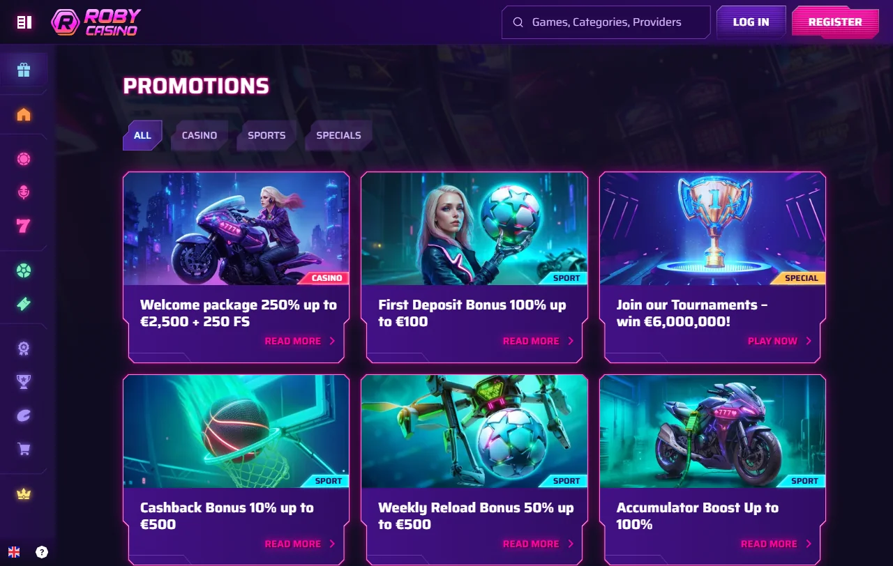 Spielelobby von Roby Casino mit Anbieterfilter und Slots von rund 80 Studios