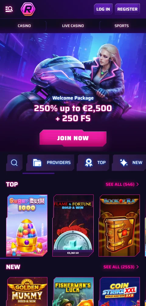 Roby Casino im mobilen Browser auf dem Smartphone mit Seitenleiste und Spielkategorien
