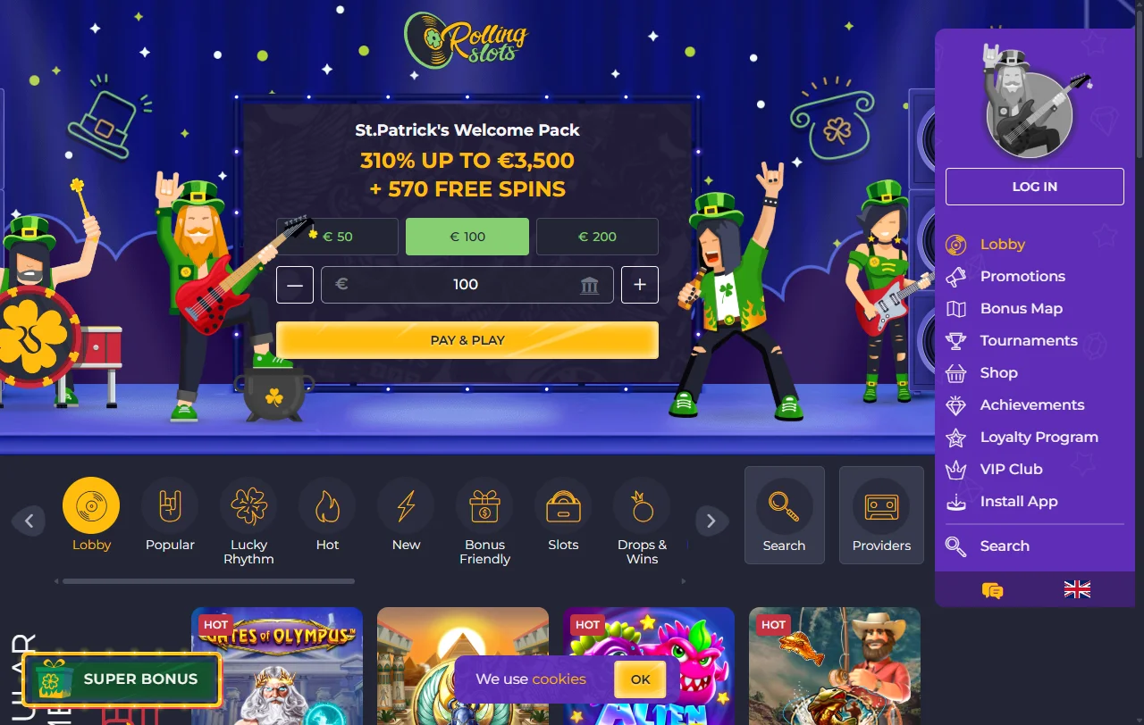 Rolling Slots Casino Startseite mit Rock-Design und aktuellem Angebot für Schweizer Konten