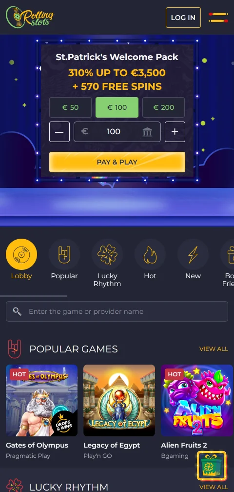 Rolling Slots Casino im mobilen Browser auf dem Smartphone ohne native App