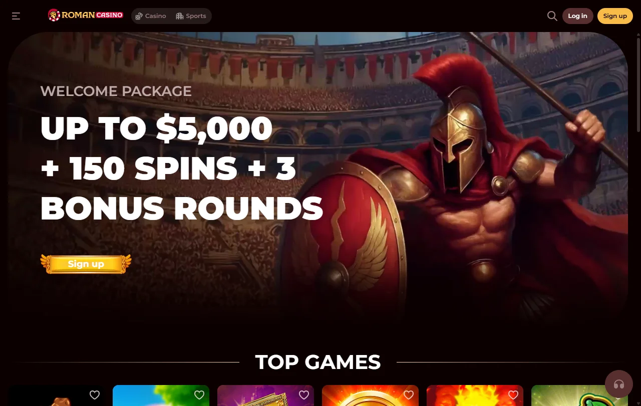 Startbereich von Roman Casino mit Übersicht über Casino, Live-Casino und Sportwetten