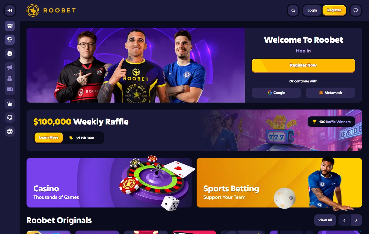 Roobet Startseite mit Überblick über Casino, Originals und Sportwetten