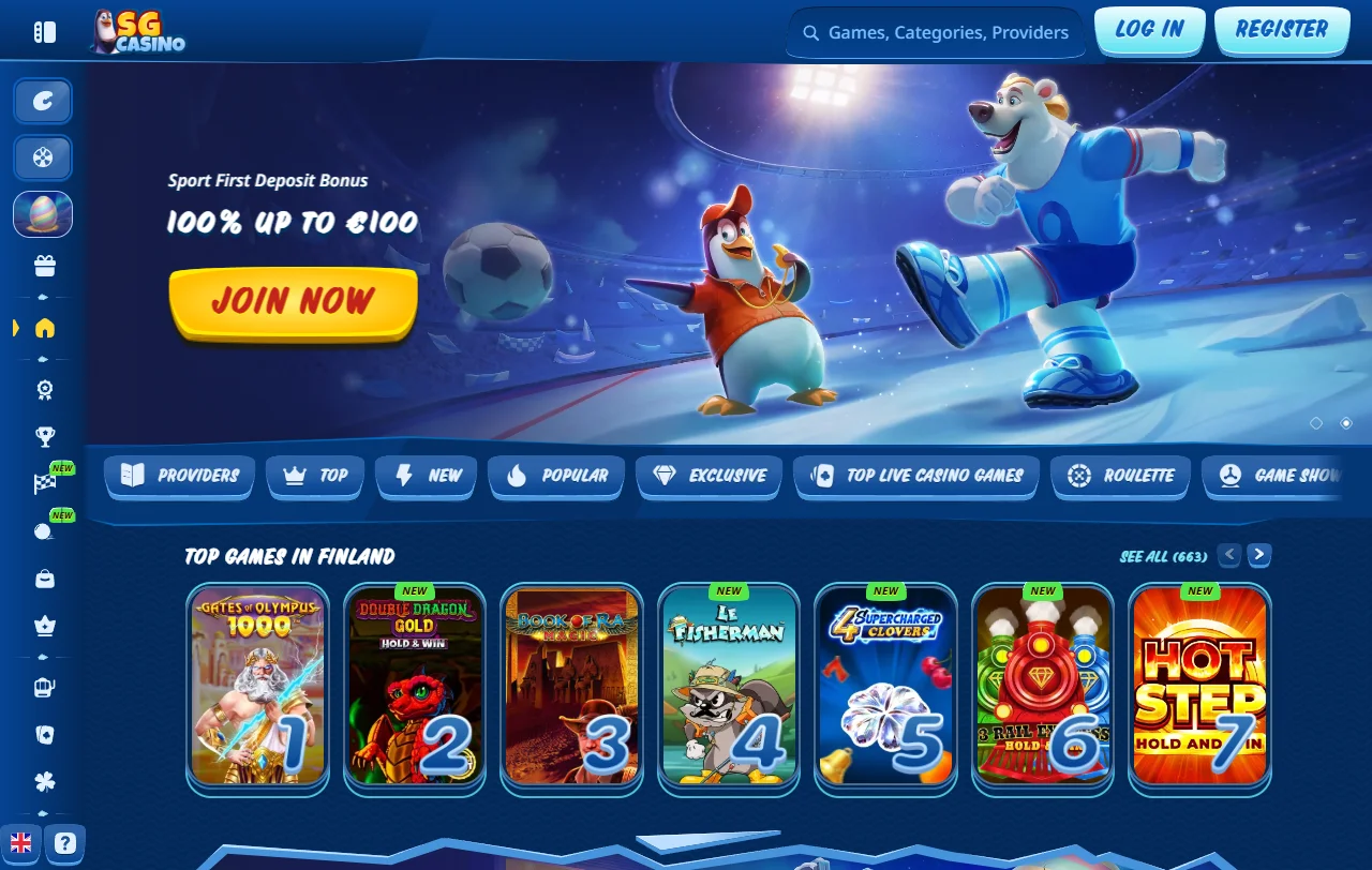 Übersicht von SG Casino mit Casino- und Sportwettenbereich für Schweizer Spieler
