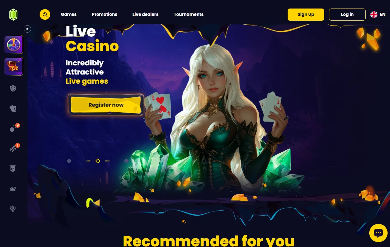 Slotsgem Casino Startseite mit Überblick über Spielkategorien und Willkommenspaket