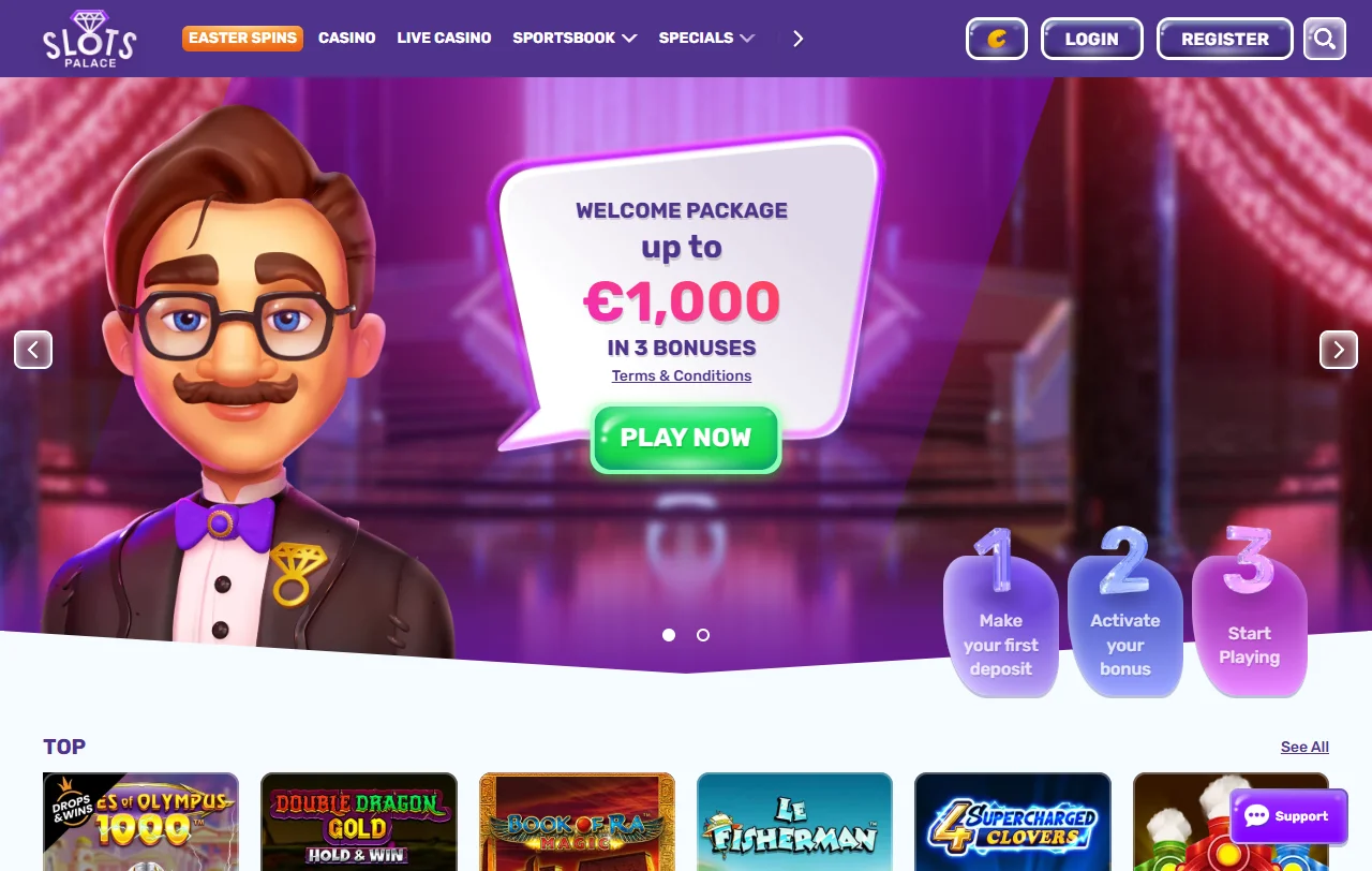Startseite von Slots Palace Casino mit Lobby, Sportbereich und aktuellen Aktionen im Überblick