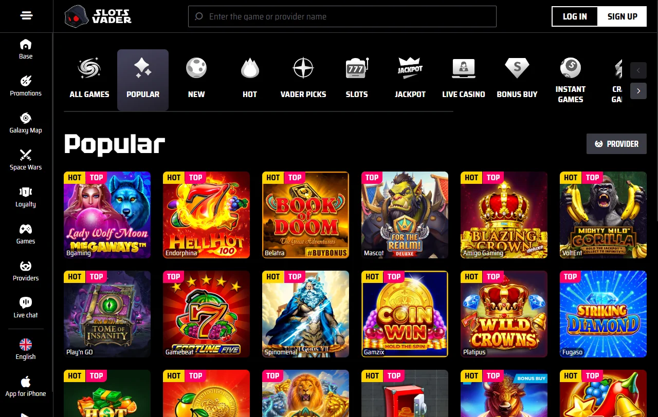 Willkommenspaket von SlotsVader Casino über zehn Einzahlungen mit Wahl zwischen Bonusgeld und Free Spins