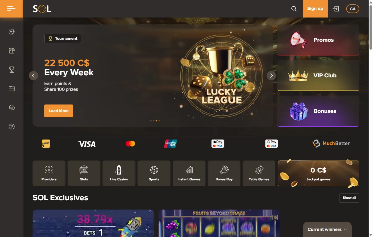 Startseite von Sol Casino mit Spielkategorien und Live-Bereich für neue Spielerinnen und Spieler