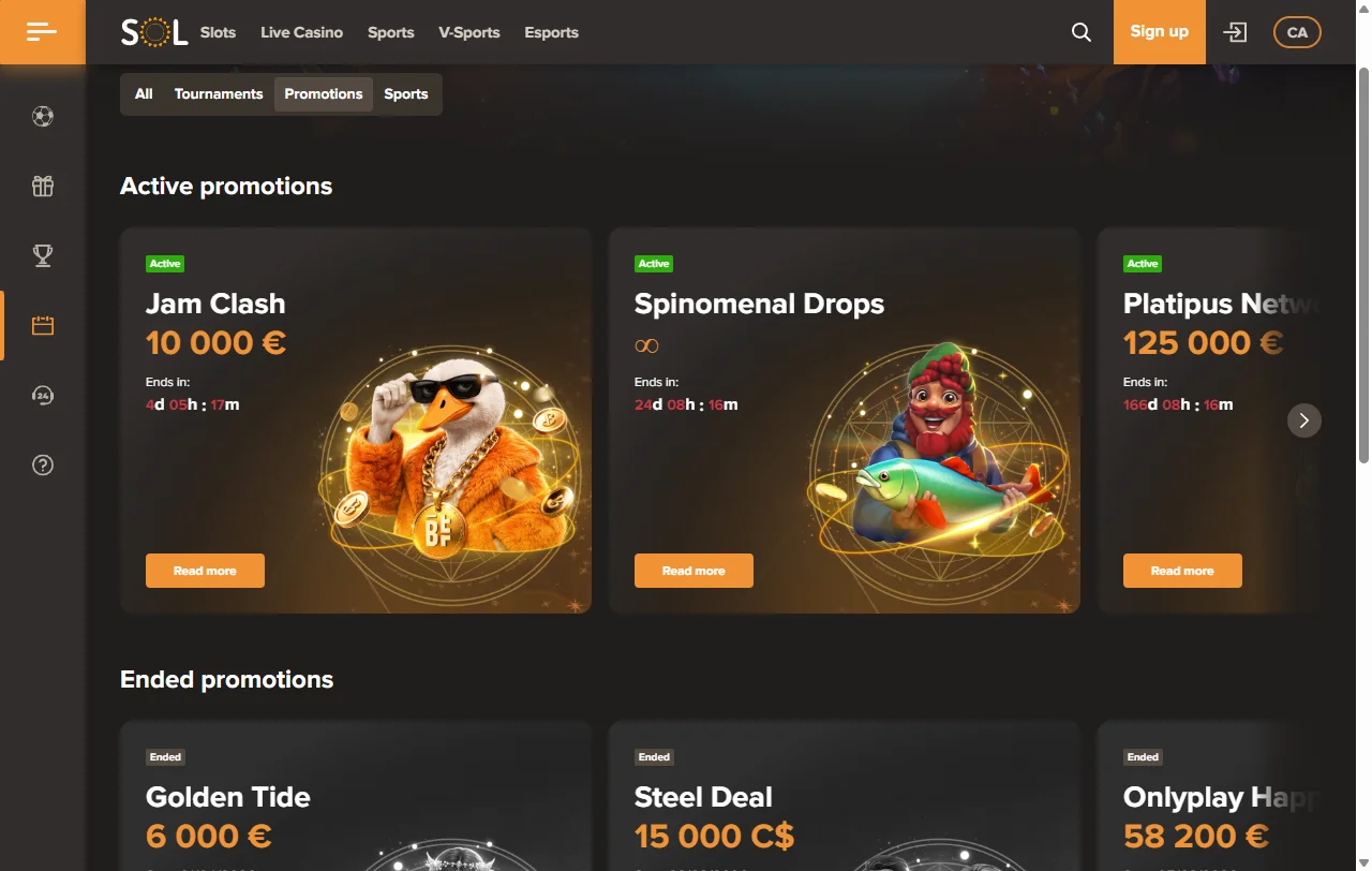 Bonusbereich von Sol Casino mit Einzahlungsbonus und wöchentlichem Cashback auf Slot-Verluste