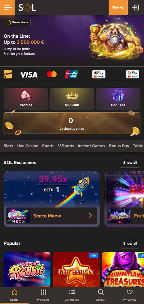 Sol Casino im mobilen Browser mit Live-Tischen im Hochformat auf dem Smartphone