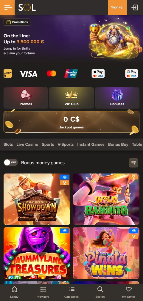 Kasse von Sol Casino auf dem Smartphone mit Kartenzahlung, E-Wallets, Bitcoin und USDT