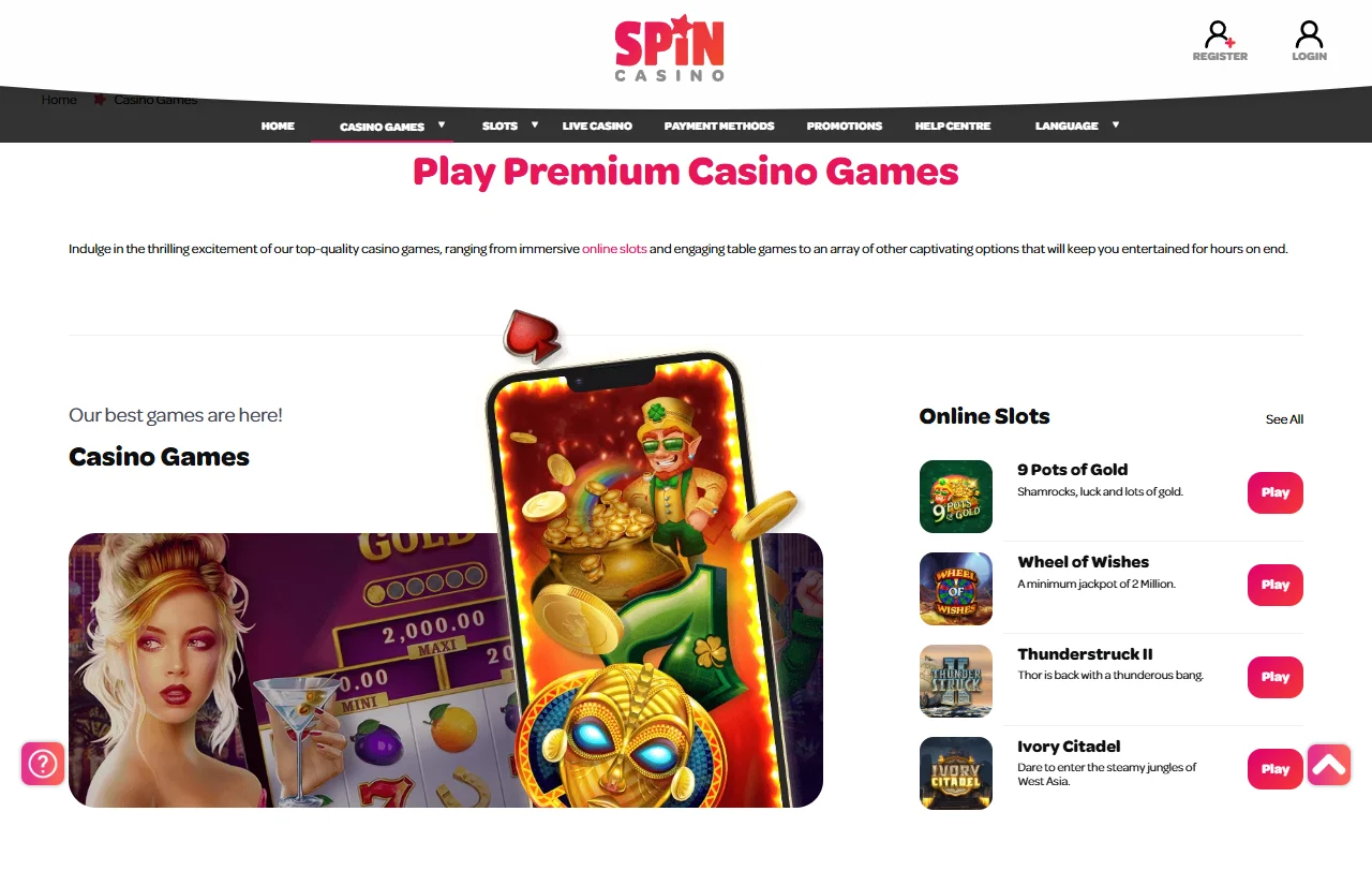 Spielauswahl von Spin Casino mit Slots von Games Global und progressiven Jackpots
